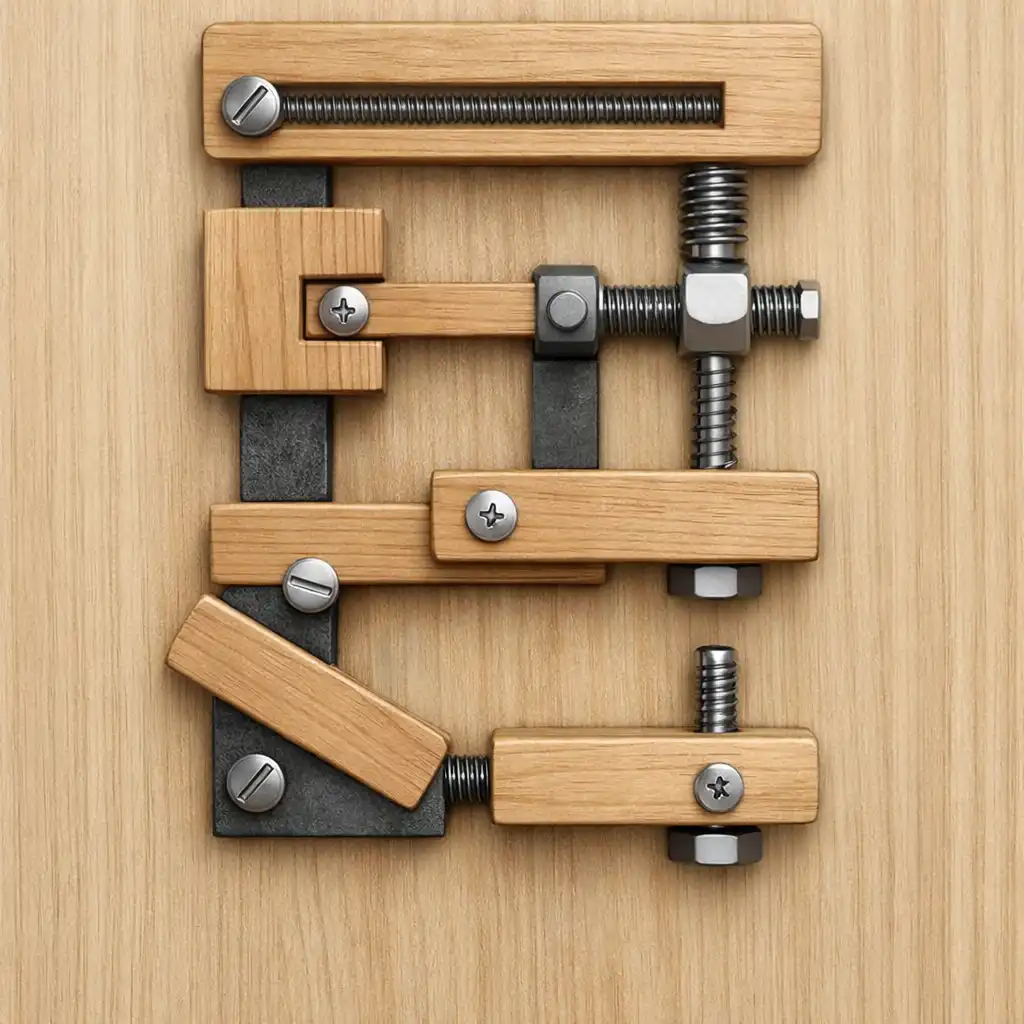 Widok planszy Wood & Bolts z drewnianymi elementami i metalowymi śrubami