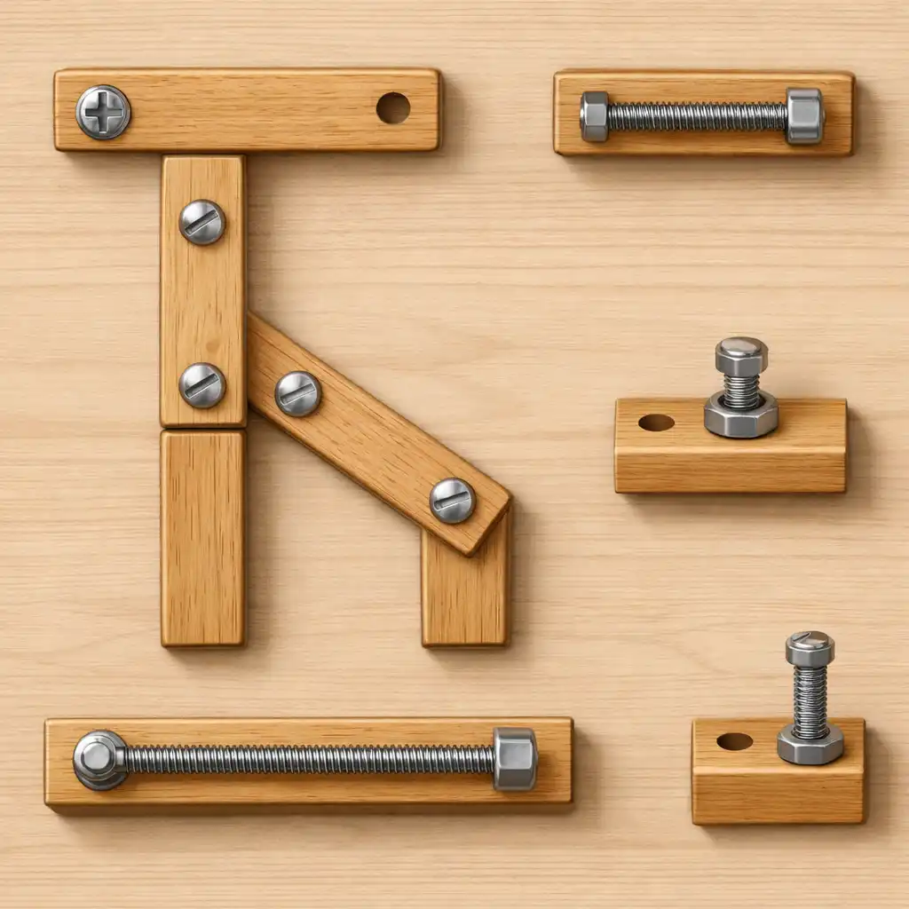 Zbliżenie planszy Wood & Bolts z drewnianymi elementami konstrukcji i śrubami