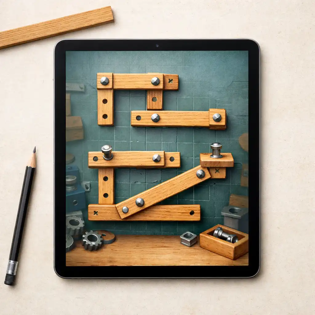 Tablet z widoczną planszą Wood & Bolts, drewnianymi listwami i metalowymi śrubami
