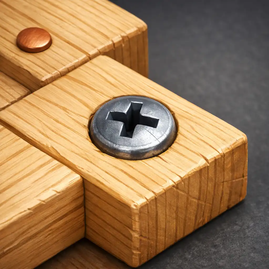 Detal śruby przy skrzyżowaniu drewnianych elementów w Wood & Bolts
