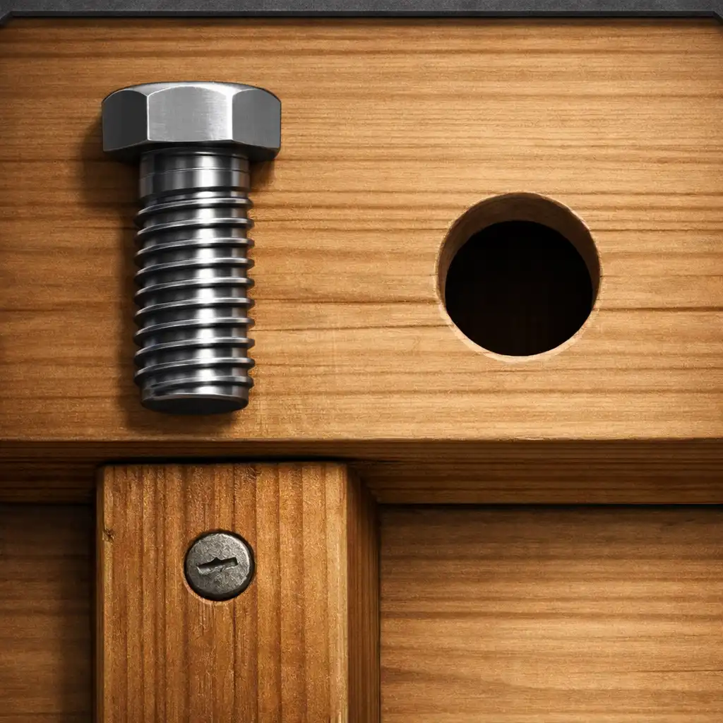 Detal śruby, drewnianego elementu i wolnego miejsca w układzie Wood & Bolts