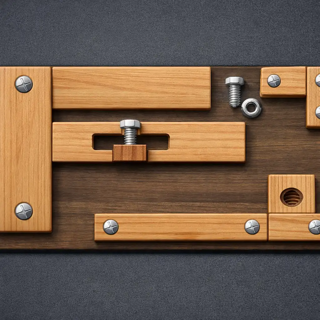 Układ zagadki Wood & Bolts z drewnianymi elementami i metalowymi śrubami