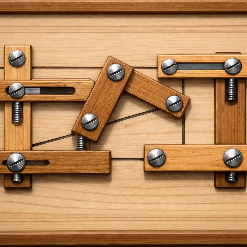 Bardziej złożony układ drewnianych elementów i śrub w Wood & Bolts
